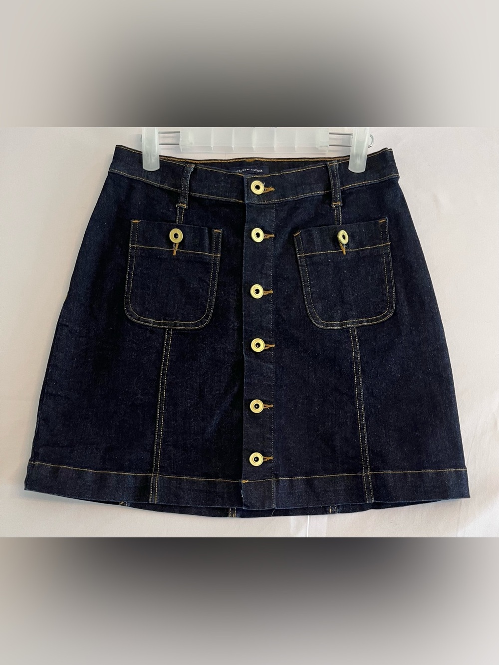 Tommy Hilfiger Button Front Denim Mini Skirt Dark Wash Mod Retro Y2K 4